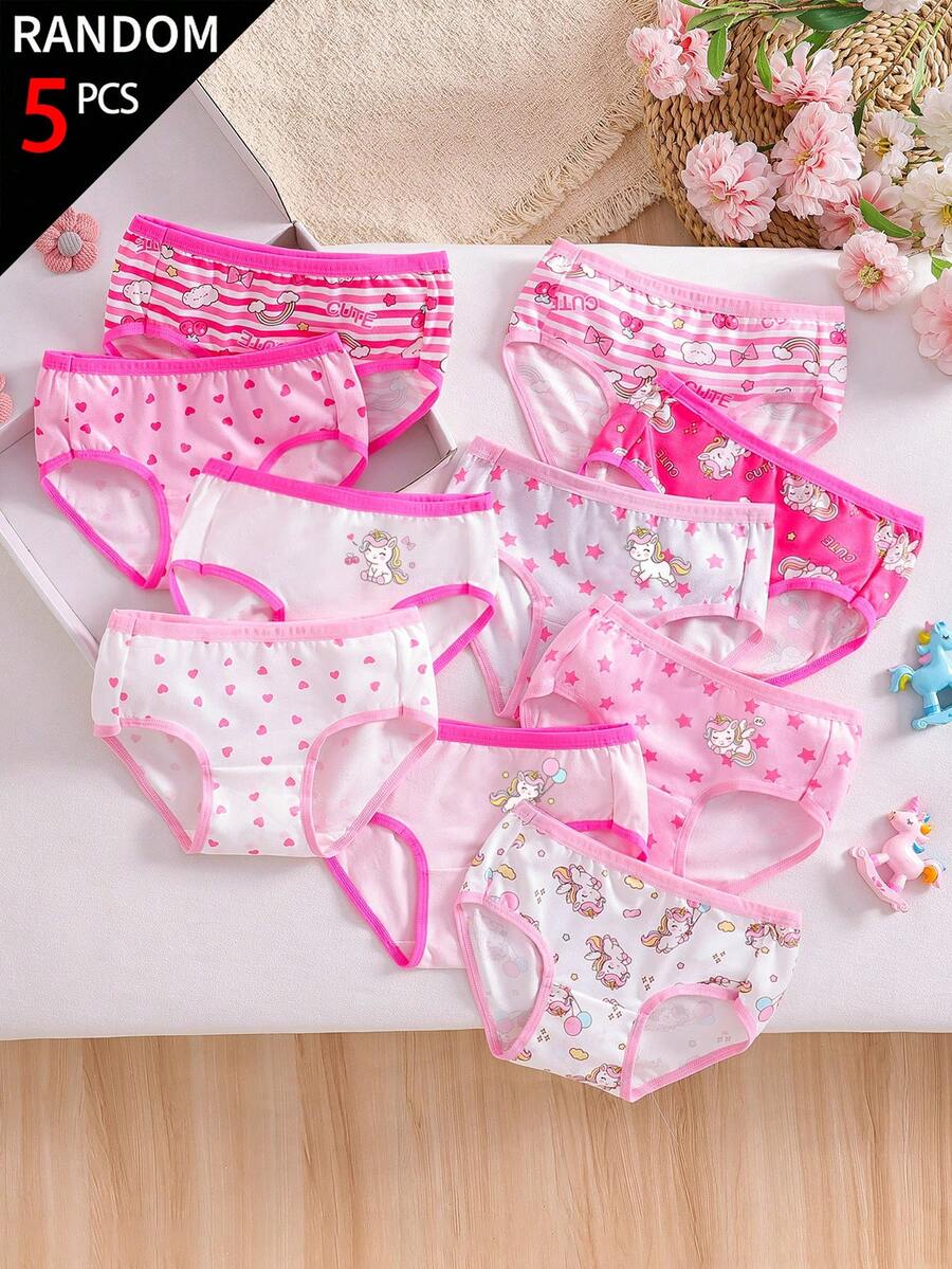 SHEIN 隨機組合 5件/包 女童幼兒休閒內褲,時尚粉色與洋紅色甜美可愛卡通獨角獸印花,輕盈柔軟布料三角內褲,適合日常穿著,四季舒適且具現代時尚感,為活潑兒童設計,布料柔軟光滑 - 彩色 - 查看 1