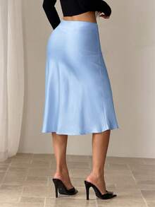 SHEIN PETITE Black High Waist Solid Color Skirt With Satin Texture Suitable For Dance And Daily Wear - Blue - View 2