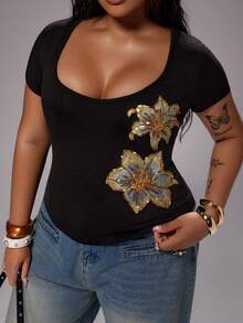 Rustia Plus Size Women's Floral Sequin Short Sleeve Fitted Casual T-Shirt - Black - View 6