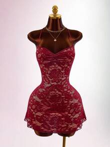 Amplova Ruched Lace Cup Backless Criss-Cross Tie Strap Dress - Burgundy - View 6