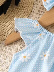 SHEIN Vintaside Kids 新生兒甜美雛菊荷葉袖連身褲與髮帶夏季款 - 淺藍色 - 查看 7