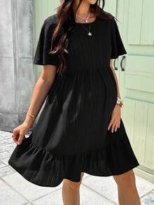 Boho Mama Maternity Vacation Solid Color Textured Ruffle Hem Round Neck Dress - Black - View 4