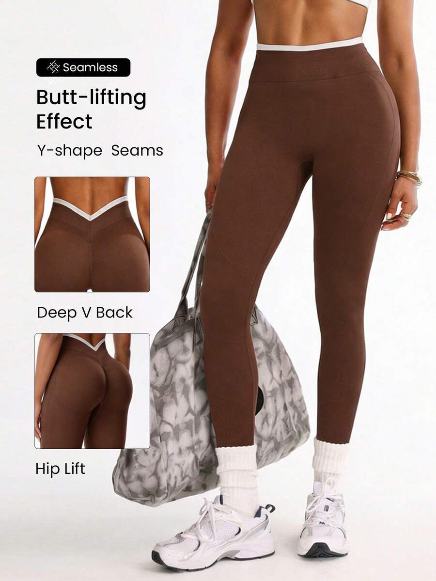 Solea Cove Solea Cove 1pc Women's Dark Green Knitted Seamless Comfortable Elastic Coffee Color Back V-Waist Leggings - Coffee Brown - View 1
