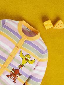TOM & JERRY X SHEIN Tween Girl Cartoon Animal Stripe Print Round Neck Cardigan - Multicolor - View 5