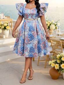 Fleurora Plus Size Women's Jacquard Pleated Fashion Date Formal Christening Guest Summer Dress Wedding Sky Blue Elegant Wedding Wedding - Blue - View 3