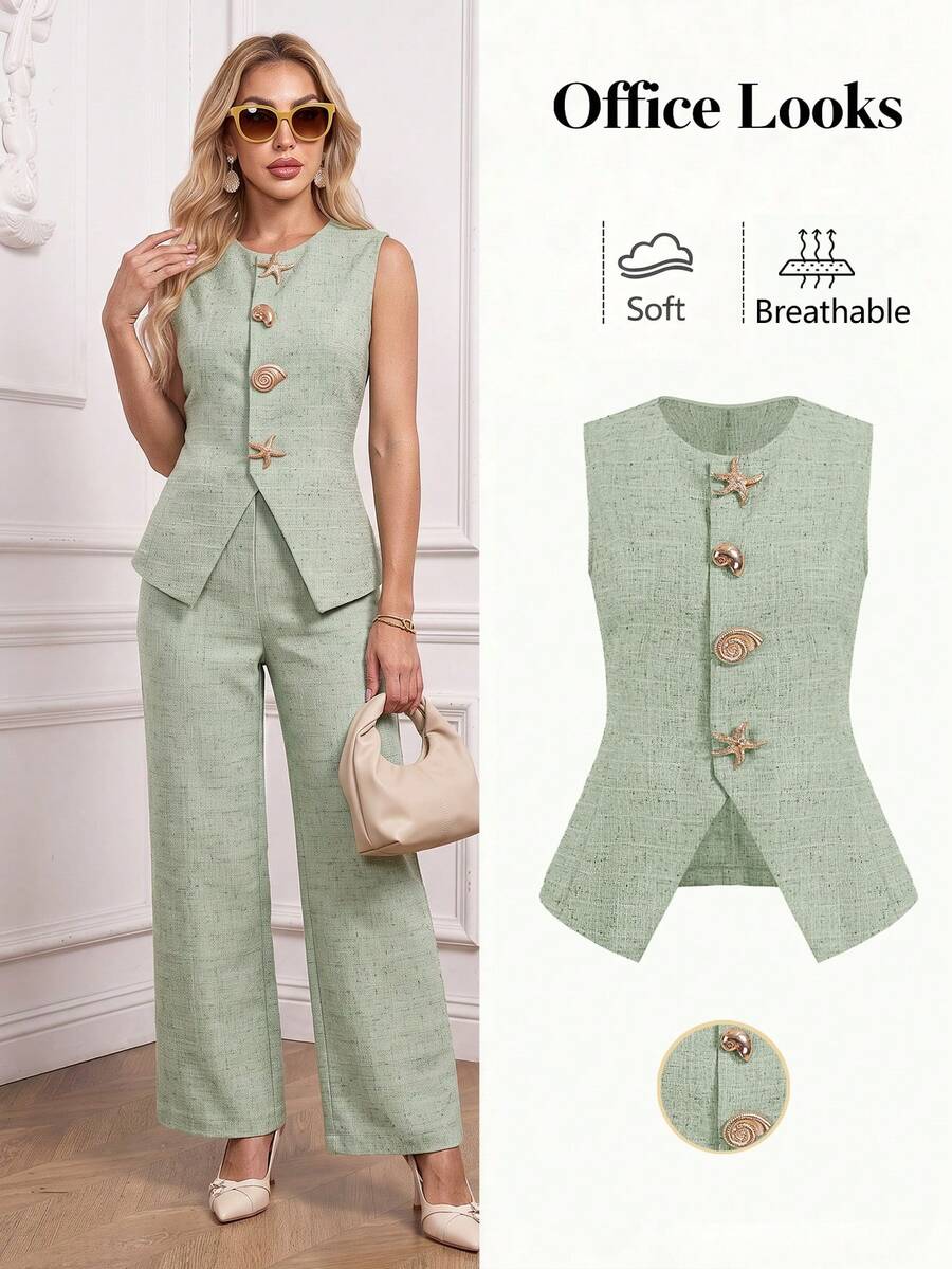 Ellevyn Seashell & Star Button Sleeveless Elegant Blouse Green - Mint Green - View 1