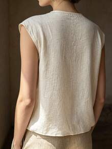 SHEIN Franclia 女款米色V領上衣，優雅波希米亞風襯衫，上班度假穿搭，鄉村風社交休閒夏季上衣 - 杏色 - 查看 4