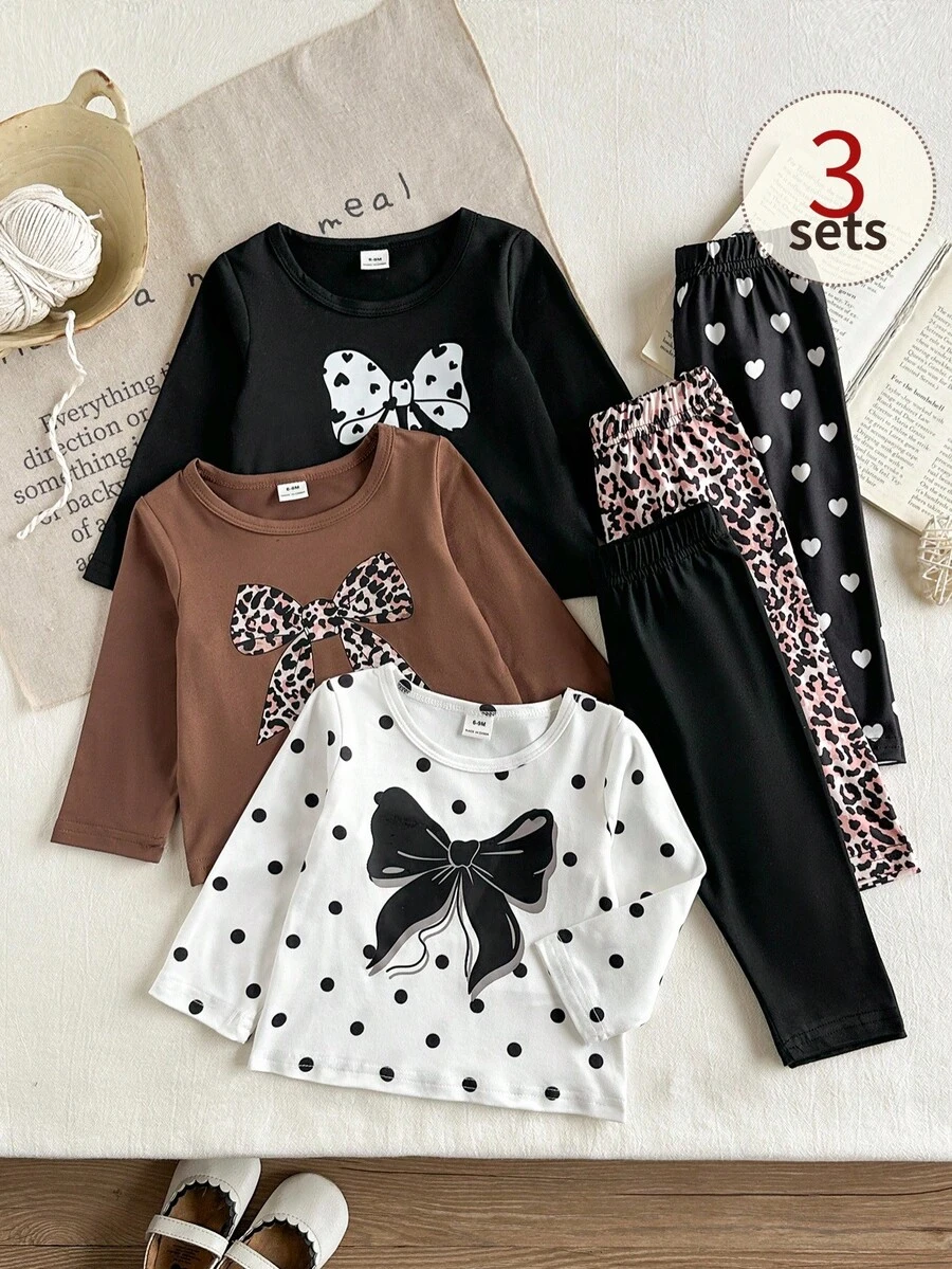 SHEIN Vintaside Kids 女嬰 6 件組 春秋休閒極簡可愛甜美棕色豹紋上衣與粉杏色上衣,搭配長褲,3 套套裝組合,適合上學與日常穿著 - 彩色 - 查看 1