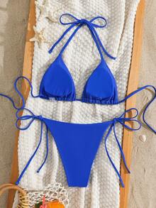 SHEIN Swim 夏季陽光海灘派對字母印花抓皺掛脖綁帶性感比基尼兩件式泳衣套裝 黃色水藍色 - 藍色 - 查看 2