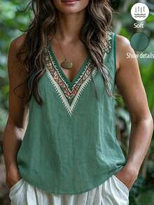 Zayélia V Neck Printed Sleeveless Tank Top, Regular Hem Casual Women's Vest - Green - View 3