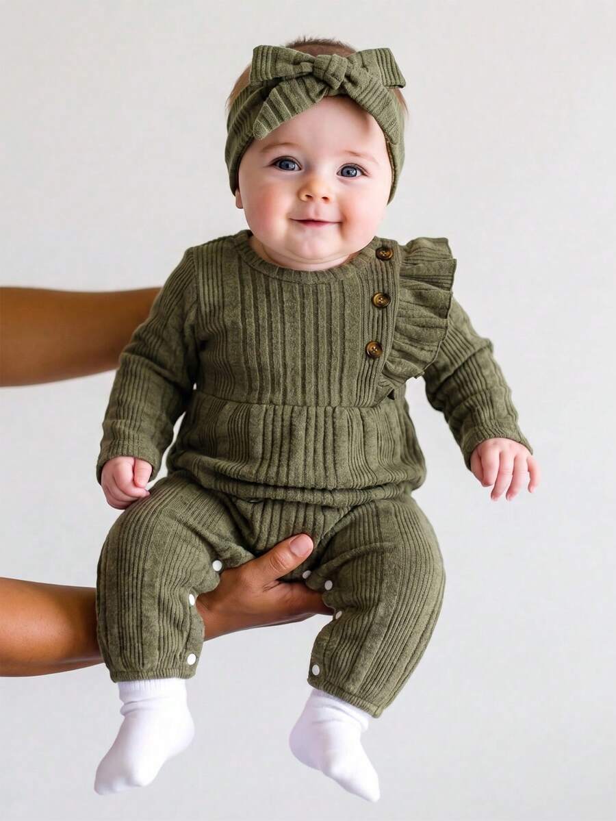 SHEIN Vintaside Kids 嬰兒純色荷葉邊連身衣附髮帶(新生兒) - 綠色 - 查看 1