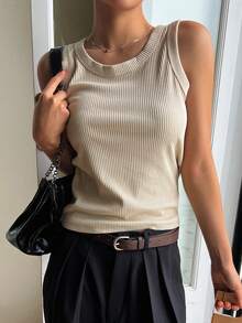 DAZY Solid Rib Knit Tank Top - Beige - View 2