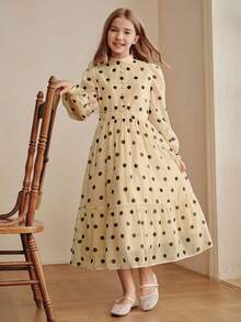Anewsta Girls' Elegant Fashion Black Polka Dot Stand Collar Ruffle Puff Sleeve Long Sleeve Apricot Dress, Spring/Autumn Long Sleeve Dress. Suitable For Daily Wear. - Apricot - View 2