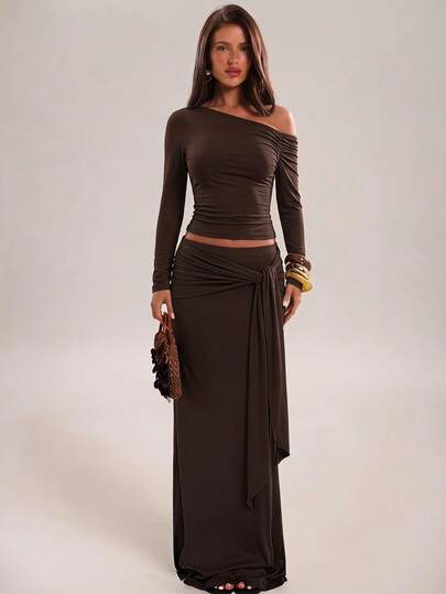 SHEIN BAE Autumn/Winter Solid Brown Asymmetric Shoulder Women's Top With Long Skirt Knit Two Pieces Set, Elegant Two Pieces Set