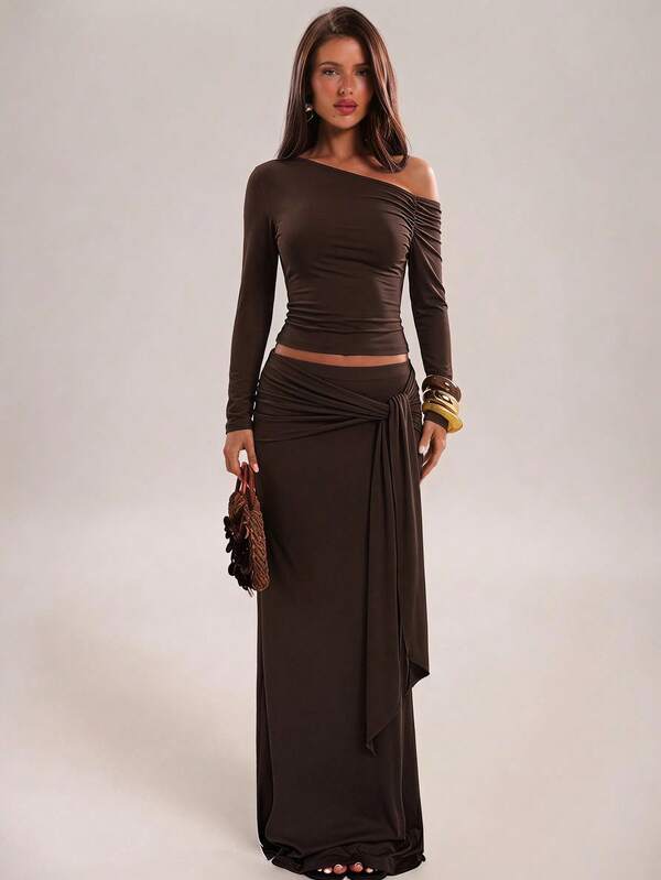 SHEIN BAE Autumn/Winter Solid Brown Asymmetric Shoulder Women's Top With Long Skirt Knit Two Pieces Set, Elegant Two Pieces Set