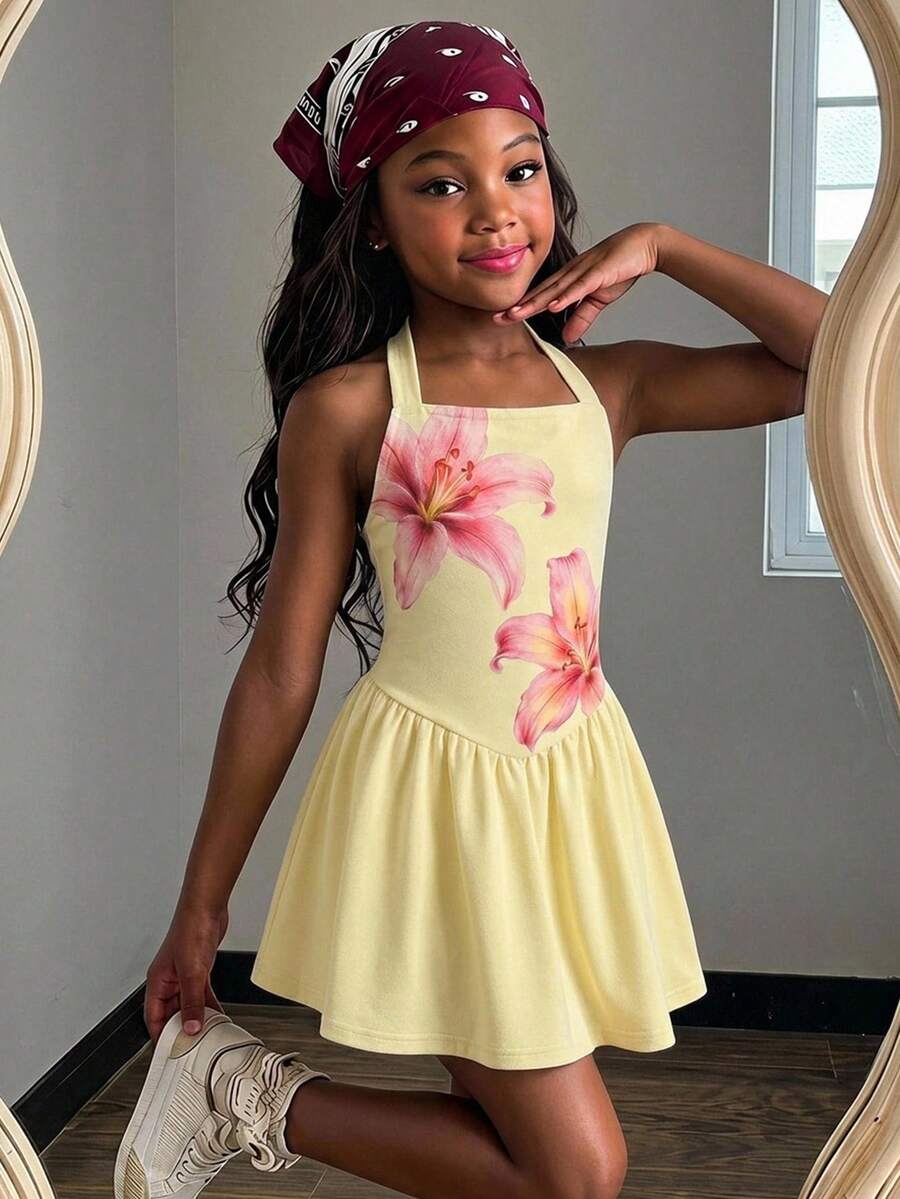 Young Girl Floral Print Pleated Casual Daily Summer Halter Neck Dress