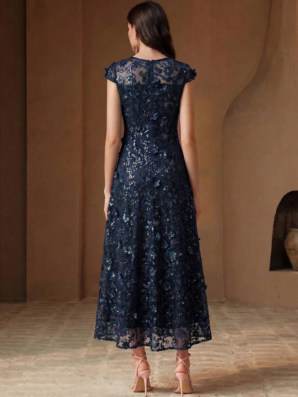Anewsta Elegant Pink 3D Applique Sequin Dress, Round Neck Cap Sleeve Short Sleeve, 3D Applique Body, Mid-Length Formal Evening Gown, Formal Banquet Outfit