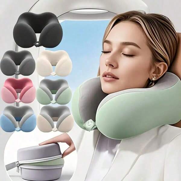 1PC Ergonomic U-Shaped Neck Pillow With Storage Bag - Memory Foam Travel & Office Support, Removable & Washable Cover, Lightweight & Portable Cervical Pillow For Airplane, Car, Bed - Compressible Contoured Design (No Power Required)