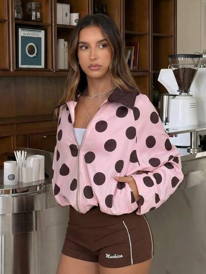 Muchica Polka Dot Zip Up Jacket For Women  Pink And Brown Fall Casual Outerwear, Festival Going Out Vacation Lightweight Bomber, Cute Back To School Stylish