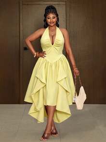 Maweii Women's Plus Size Elegant Pale Yellow Solid Color Fabric Halter Neck Design Ruched Chest Design Deep Shirred Back Tie Bow Backless Design Back Gathered Elastic Band Asymmetric Hem Design Yellow Dress Fashion Versatile Outing Party Gathering Night Date - Pale Yellow - View 3