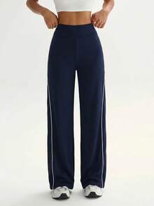 Sweetra Women's Colorblock High Waist Casual Daily Travel Sports Long Pants - Navy Blue - View 5