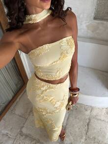 Opulessa Women's Elegant Romantic Tropical Sexy Exquisite Embroidered Halter Top And Maxi Skirt 2 Pieces Set Wedding Pale Yellow Summer Garden Party Vacation - Apricot - View 1