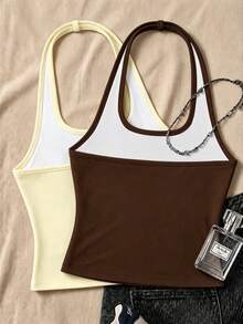 Tween Girl Solid Color Fitted Casual Halter Tank Top - Multicolor - View 3