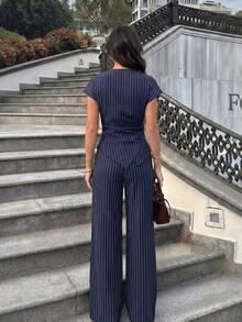 Firerie 女款優雅海軍藍白條紋兩件套，夏季辦公收腰不對稱下擺襯衫與寬腿褲，時尚商務套裝 - 藍白色 - 查看 2
