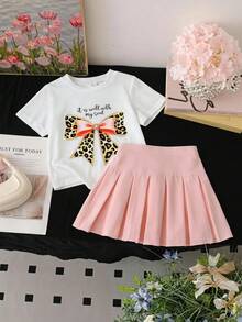 SHEIN Elladie kids 女童休閒日常短袖舞團風紫色圖案米白色T恤與紫色百褶裙學院風夏季套裝 - 粉色 - 查看 3