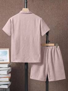 SHEIN 大童男孩夏季休閒襯衫短褲兩件套 - 粉色 - 查看 2