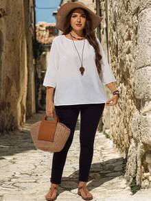 EMERY ROSE Women's Plus Size White Pullover Crew Neck Shirt Fall Fall Winter 2026 Fall Outfits Going Out Tops For Women Basic White Shirt - White - View 5