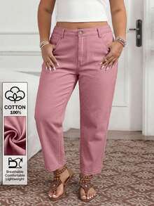 EMERY ROSE Celana Jeans Wanita Ukuran Besar dengan Kantong, Potongan Lurus, Longgar, Kasual, Serbaguna, Formal, Liburan, Warna Merah Muda Pucat, Musim Panas - Dusty Pink - View 1
