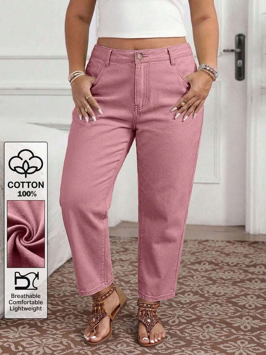 EMERY ROSE Celana Jeans Wanita Ukuran Besar dengan Kantong, Potongan Lurus, Longgar, Kasual, Serbaguna, Formal, Liburan, Warna Merah Muda Pucat, Musim Panas - Dusty Pink - View 1