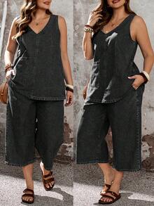 SHEIN EMERY ROSE CURVE Conjunto de 2 piezas de chaleco y pantalones de mezclilla talla grande - Negro - Ver 1
