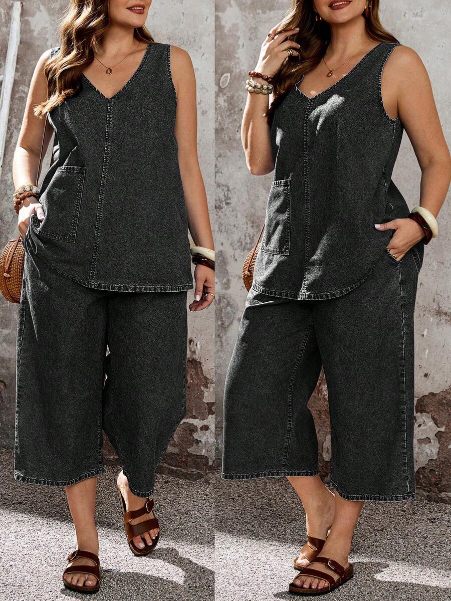 SHEIN EMERY ROSE CURVE Conjunto de 2 piezas de chaleco y pantalones de mezclilla talla grande - Negro - Ver 1