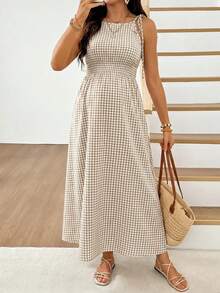 SHEIN 孕婦格紋肩結無袖休閒洋裝 - 卡其色 - 查看 7