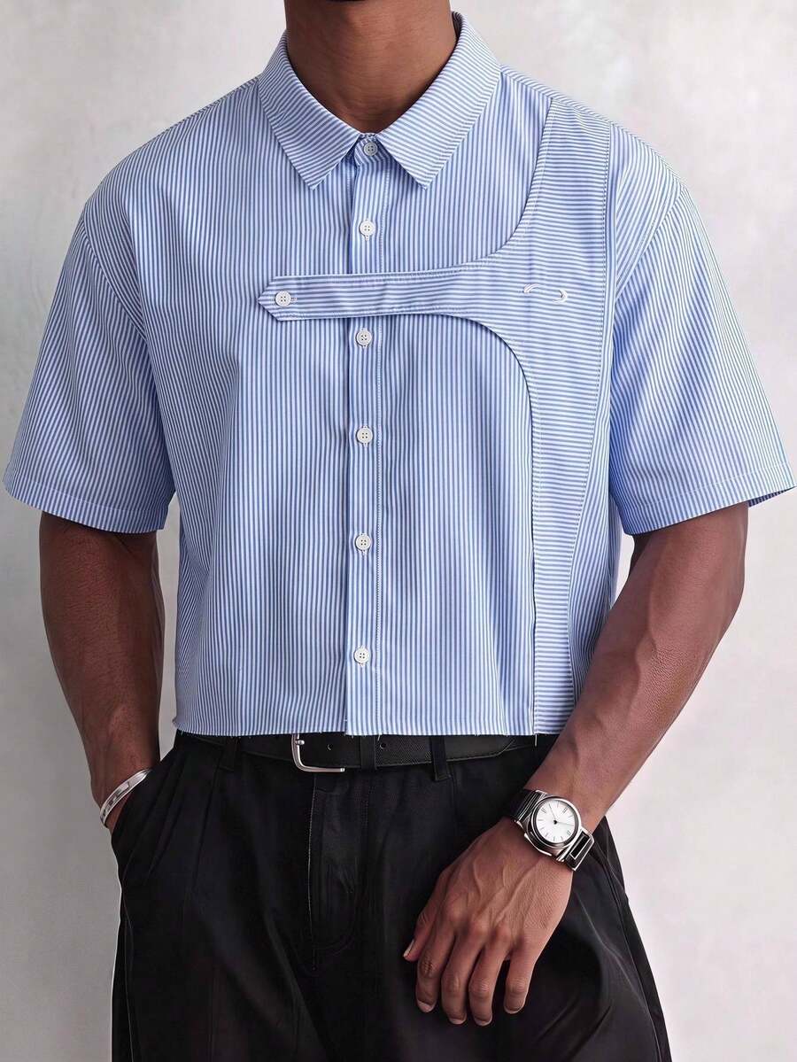GENTILAND Men's Slate Blue Striped Short Sleeve Shirt, Boxy Fit Embroidered Detail - Blue - View 1