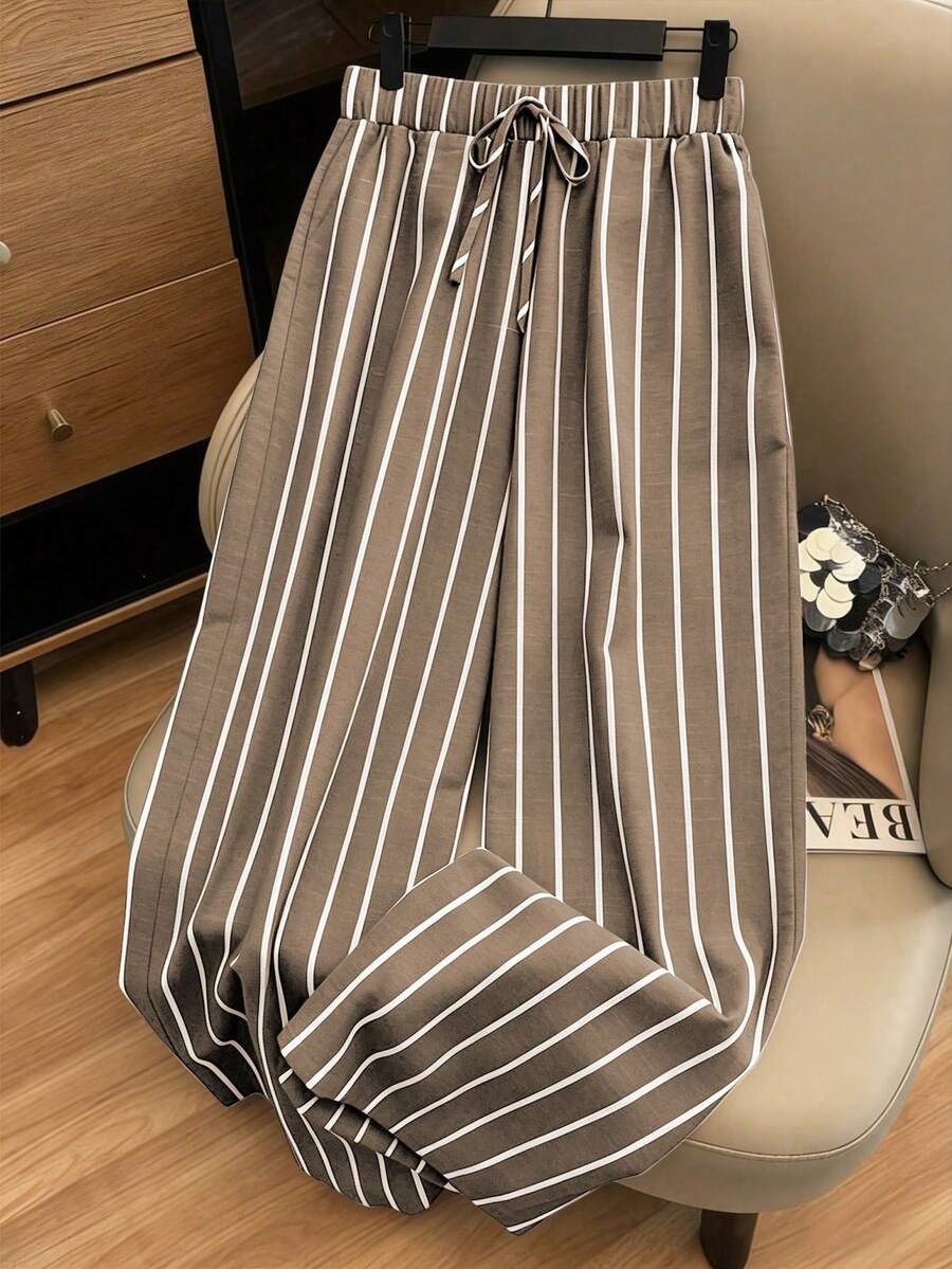 Franclia Plus Size Women's Elegant Traditional Soft Form Casual Brown Loose Wide Leg Long Pants, Spring/Summer Brunch Vacation Office Formal - Khaki - View 1