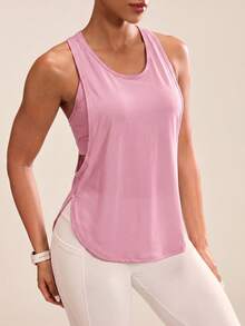 SHEIN BAE Solid Color Hollow Splice Racerback Sports Tank Top - Baby Pink - View 4