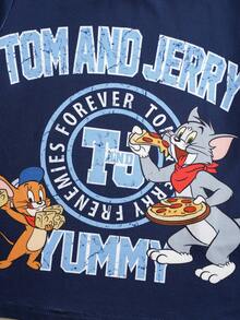 TOM & JERRY X SHEIN 小男孩夏季休閒卡通印花短袖T恤 - 藏蓝色 - 查看 4
