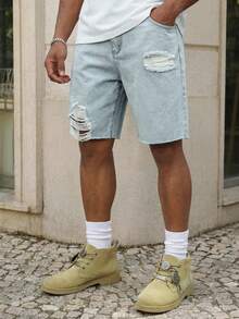 Manfinity EZcore Men's Summer Plus Size Slim Fit Denim Shorts - Light Wash - View 6