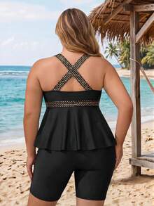 SHEIN CURVE+ 2026 Summer Beach Vacation Plus Size Color Block Panel Wide Strap Bikini Set With Tank Top And Shorts Black Sexy Tropical - Black - View 2