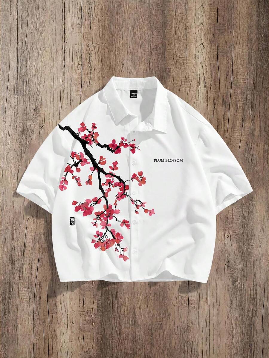 Manfinity Joysei 男士休闲樱花图案宽松短款衬衫，适合夏季穿着 - 白色 - 查看 1