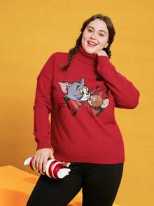 TOM & JERRY X SHEIN พลัส สเวตเตอร์ รูปแบบ การ์ตูน ปลอกคอสูง ไหล่ตก - สีแดง - ดู 3