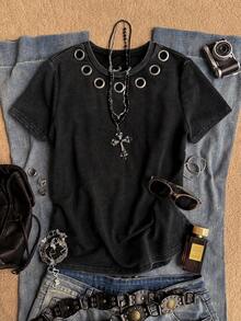 Attitoon Women's Summer Casual Washed Metal Decor T-Shirt - Black - View 2