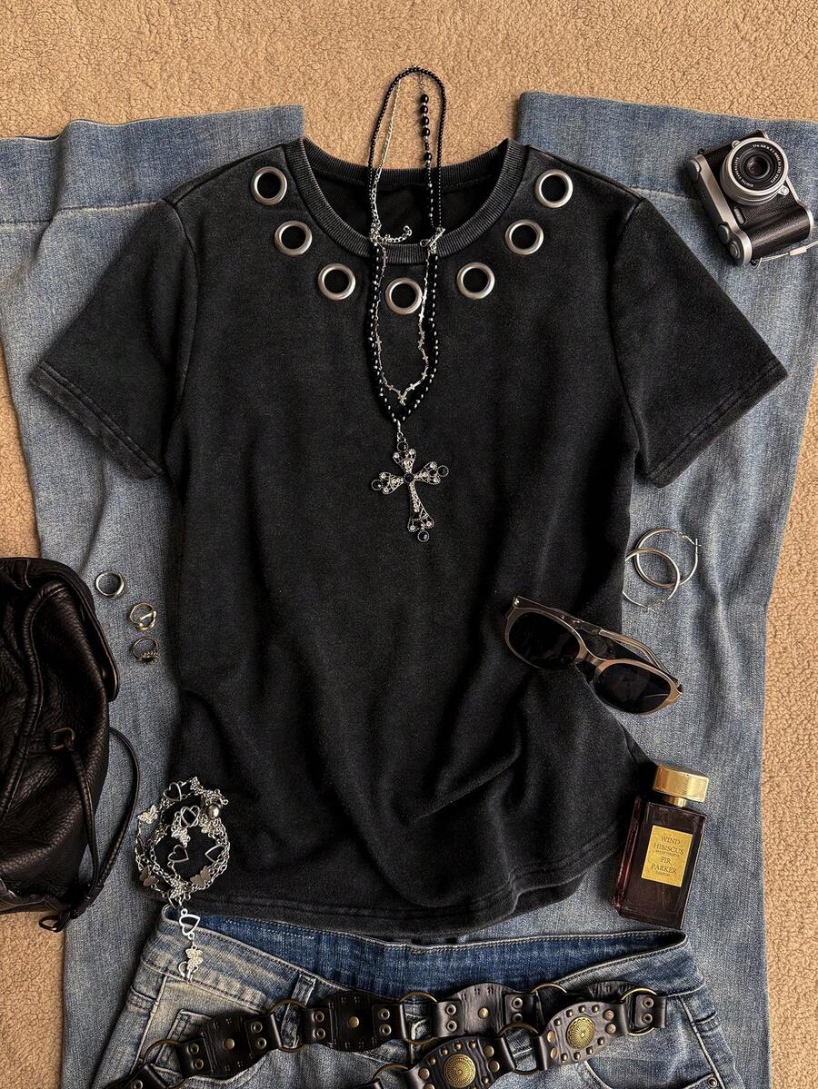 Attitoon Women's Summer Casual Washed Metal Decor T-Shirt - Black - View 1