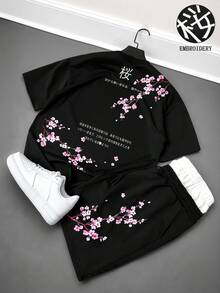 Manfinity Roghcode Spring Casual Cherry Blossom Print Men's T-Shirt & Shorts Set - Black and White - View 1