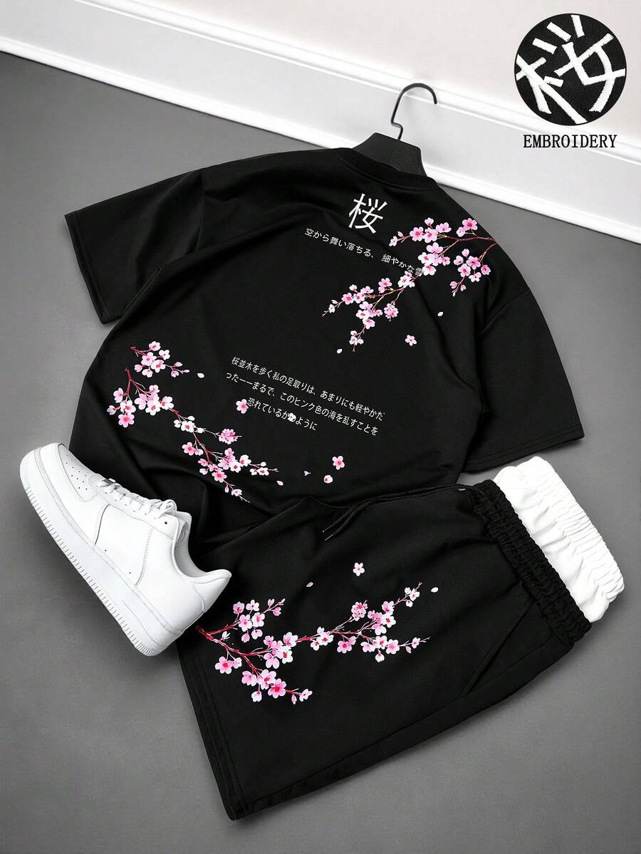Manfinity Roghcode Spring Casual Cherry Blossom Print Men's T-Shirt & Shorts Set - Black and White - View 1