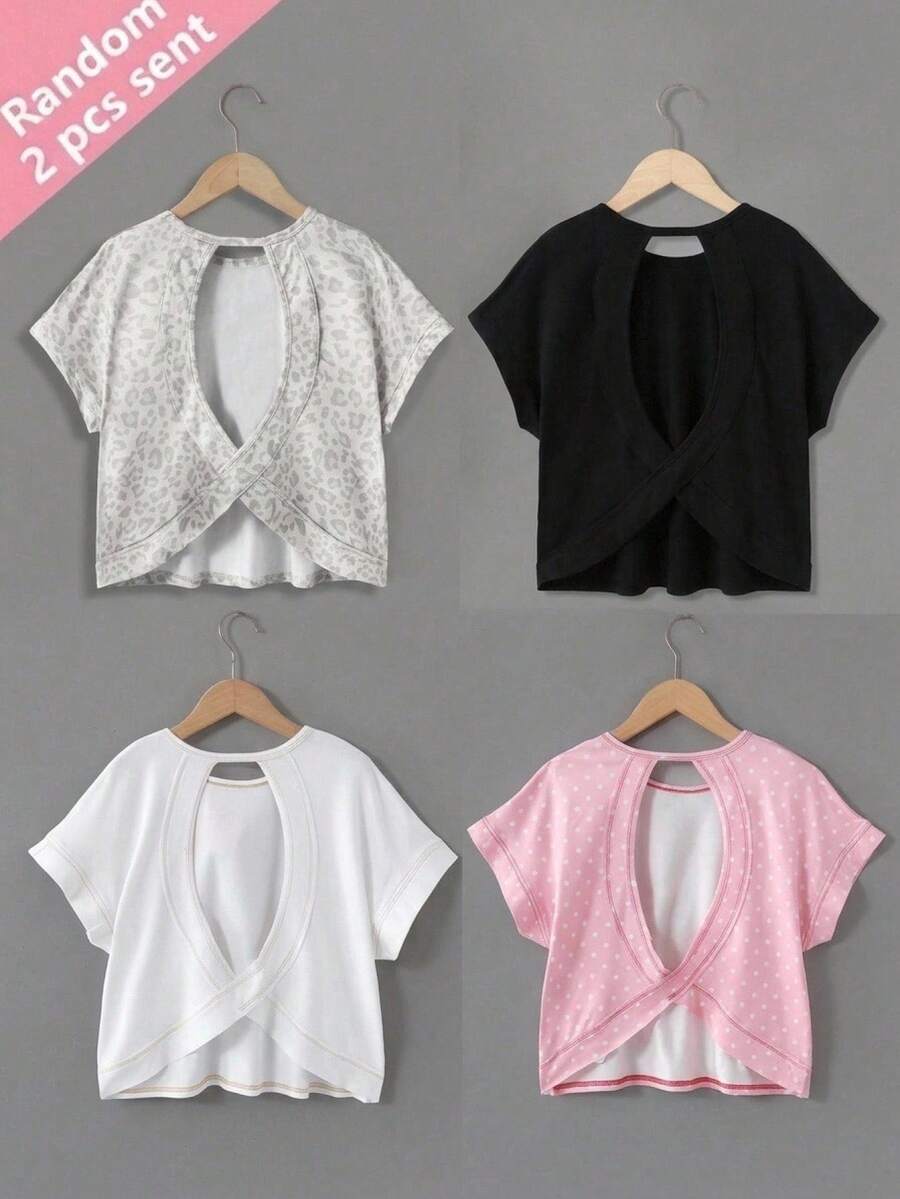 SHEIN Tween女孩 2件組休閒時尚露背交叉後背設計復古灰色豹紋圓領肩對肩短袖寬鬆版型T恤,返校季母女套裝童裝 - 彩色 - 查看 1