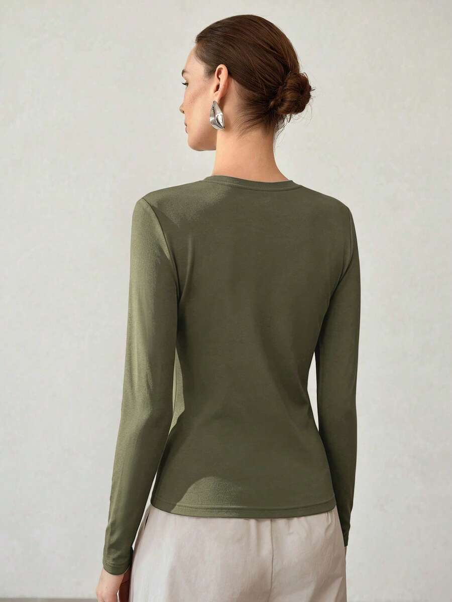 MOTF PREMIUM HIGH ELASTICITY SKIN-FRIENDLY SOLID COLOR ROUND NECK SLIM FIT FLATTERING FASHION LONG SLEEVE VERSATILE WOMEN'S BASE LAYER TOP - Green - View 2